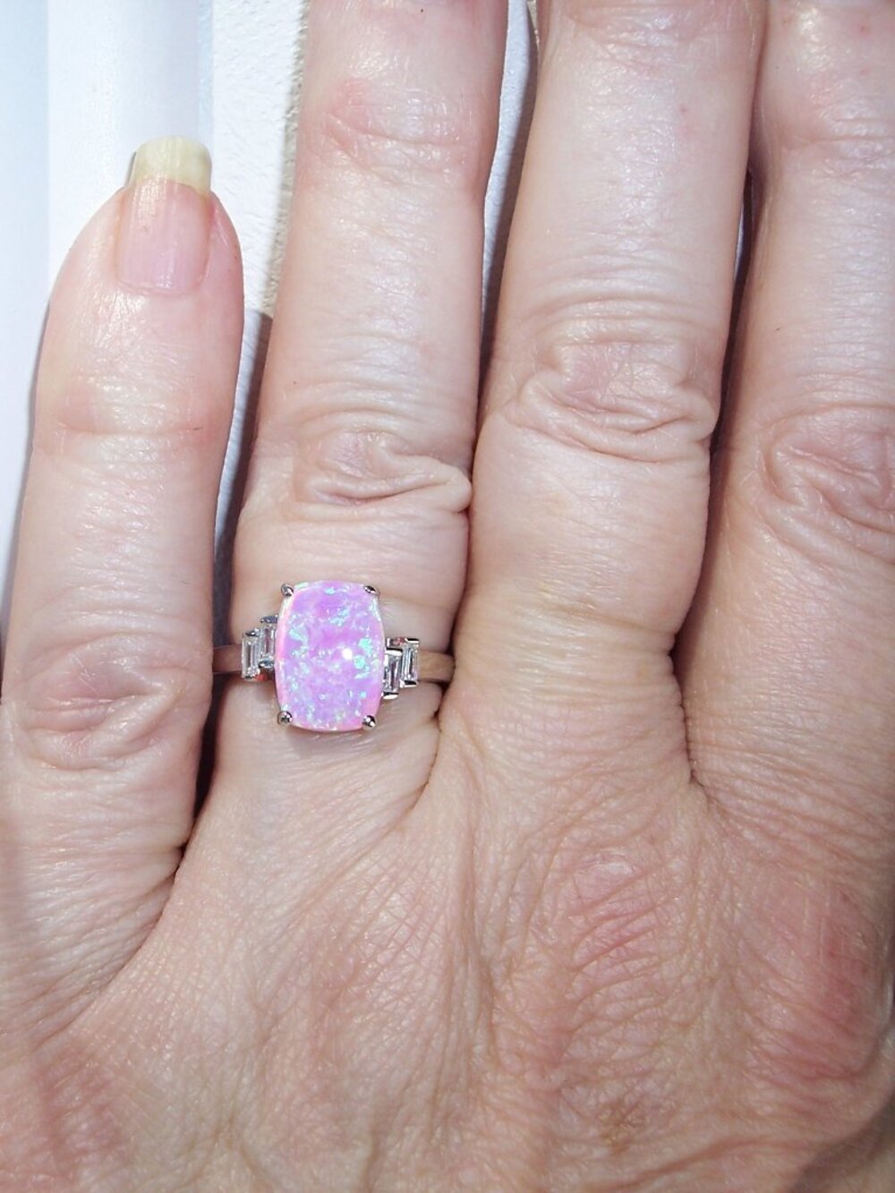 925 STERLING SILVER Lab Created Pink Fire Opal Cubic Zirconia Ring - Picture 3 of 16